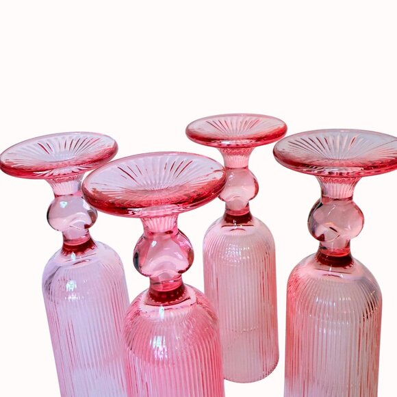 Romantic Ribbed Pink Glass Champagne Flutes Set of 4 Heart Stem Retro Cocktail - Picture 10 of 15